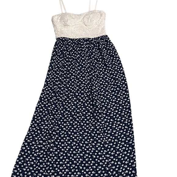 Candie’s Women XS Lace Bodice Navy Floral Maxi Dress Spaghetti Strap - Picture 2 of 12